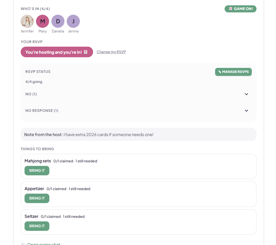 Game detail page showing RSVPs, location, and items being claimed