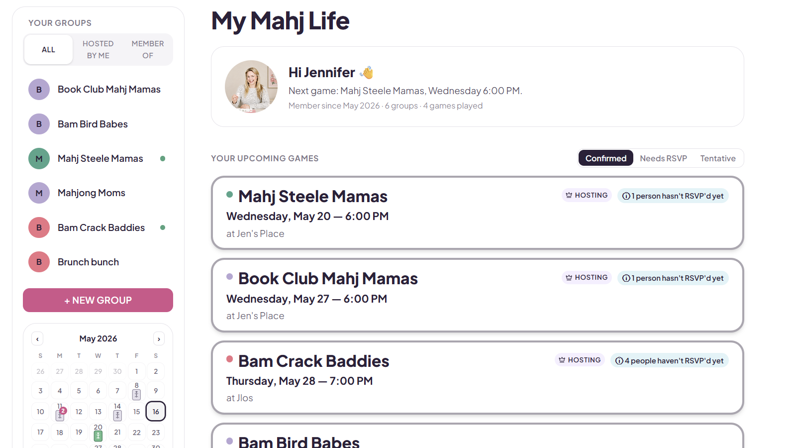 My Mahj Life dashboard showing groups list, monthly calendar, and upcoming games