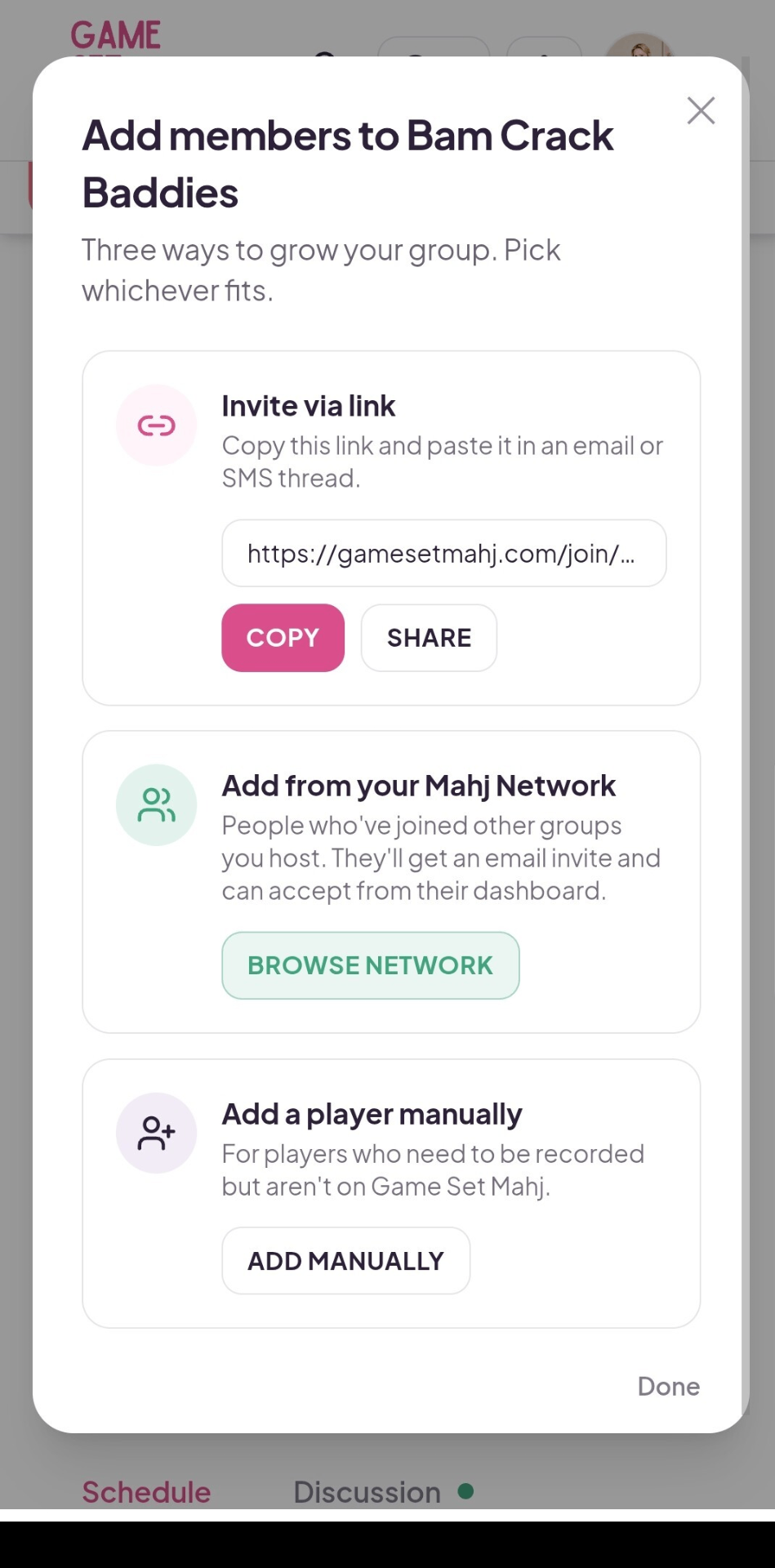 Add members modal showing Invite via link, Add from Mahj Network, and Add a player manually options