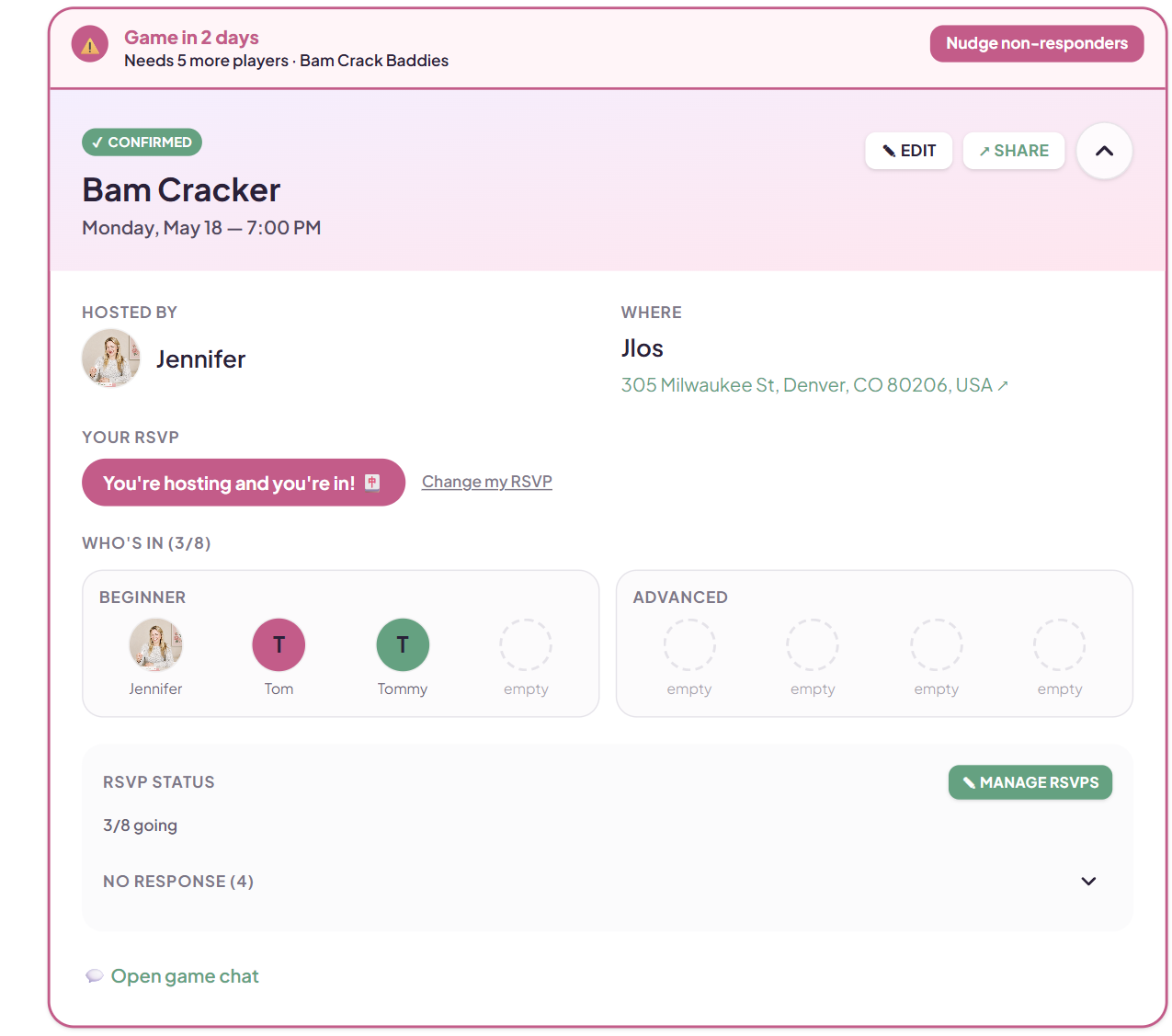Bam Cracker game showing 'Game in 2 days · Needs 5 more players' alert with a Nudge non-responders button
