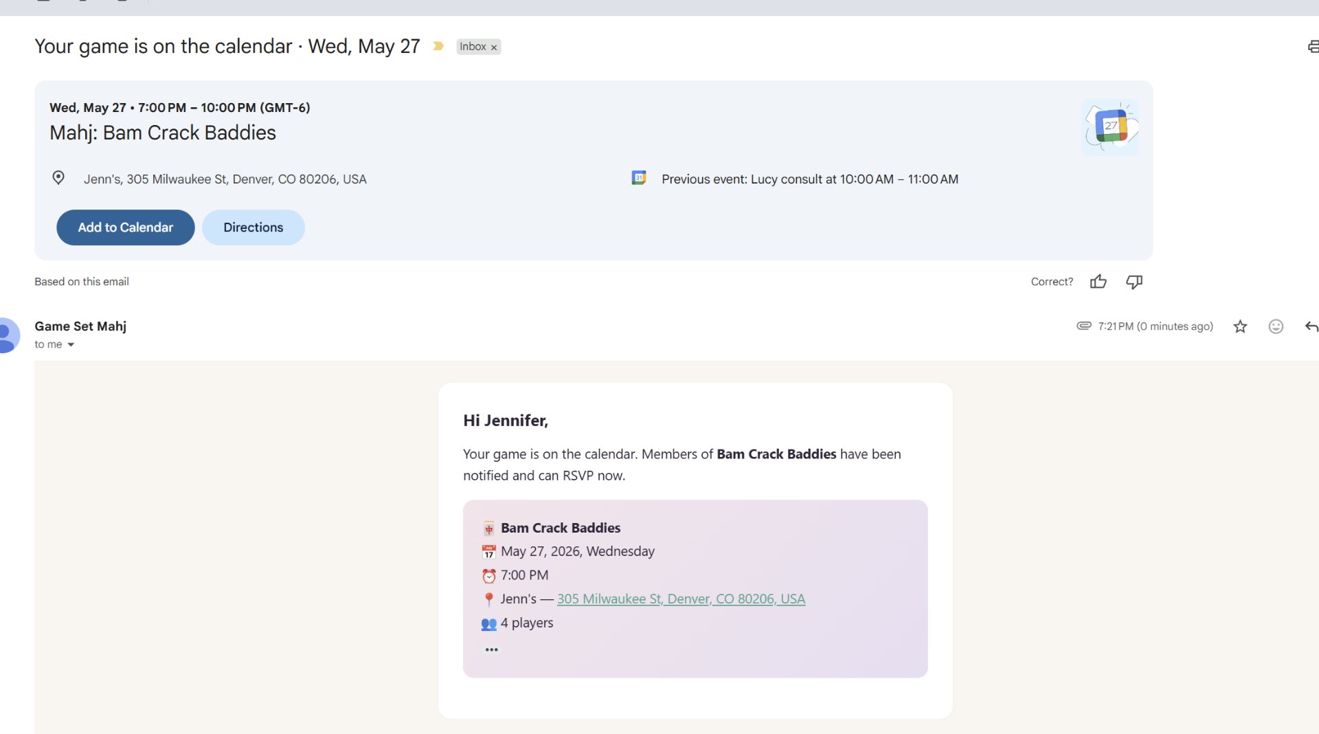 Gmail inbox showing a Game Set Mahj calendar invite with Add to Calendar and Directions buttons