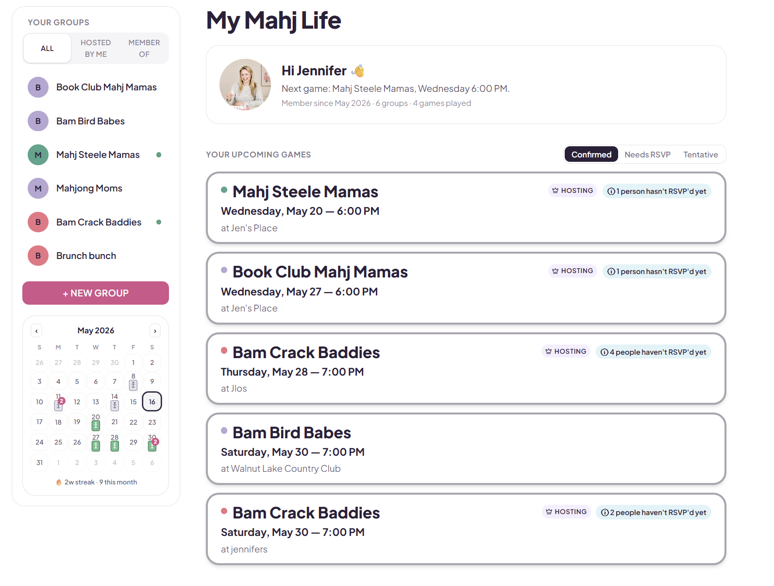 My Mahj Life dashboard showing groups sidebar, monthly calendar, and upcoming games list