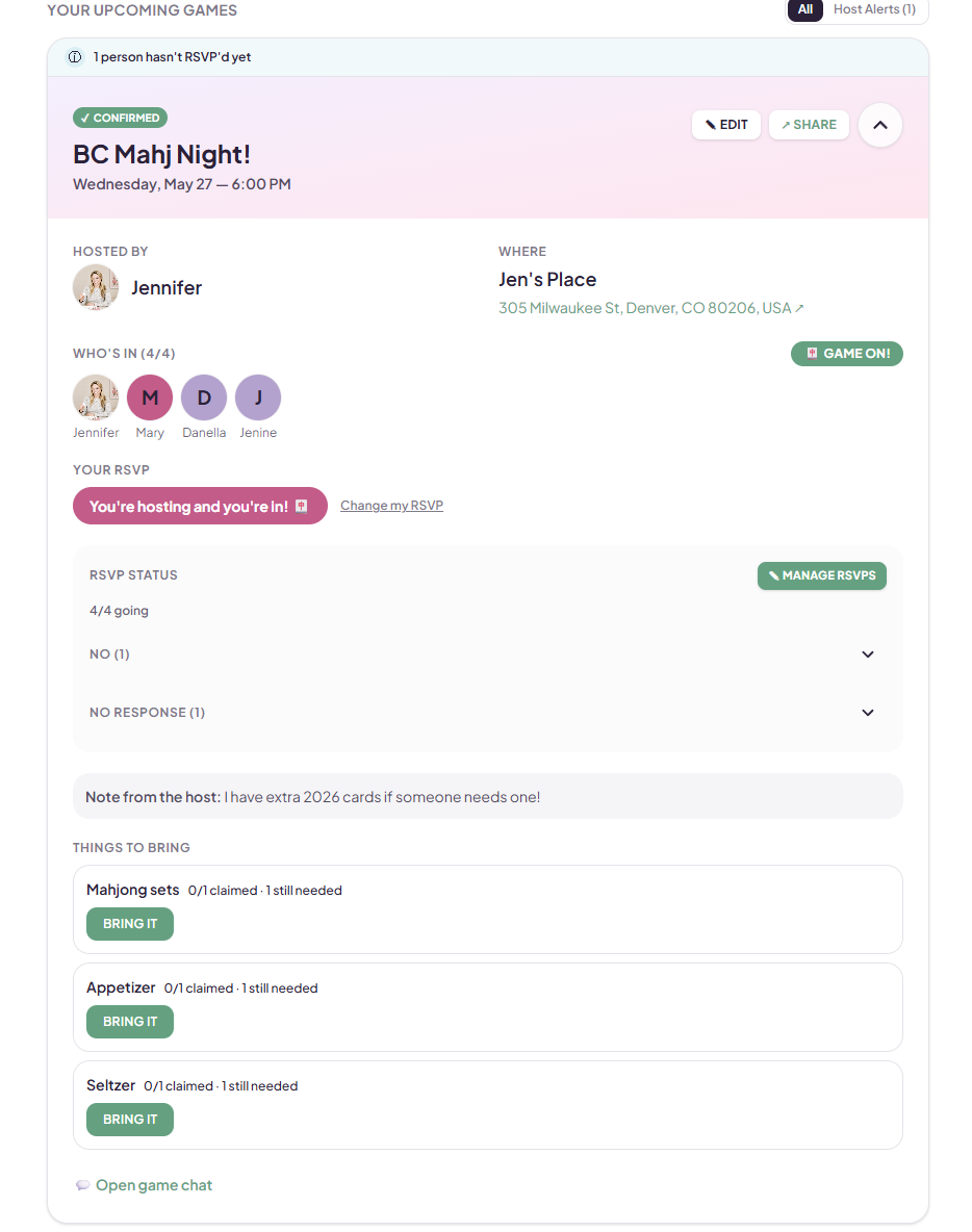 BC Mahj Night game detail page showing host, location, RSVPs, status, and items to bring