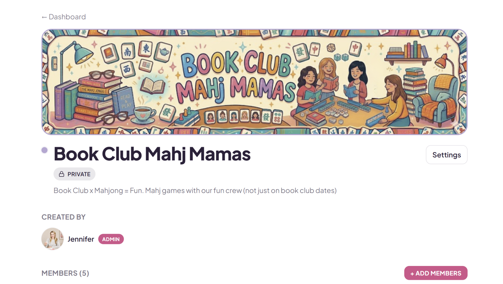 Book Club Mahj Mamas group page with a custom illustrated header banner