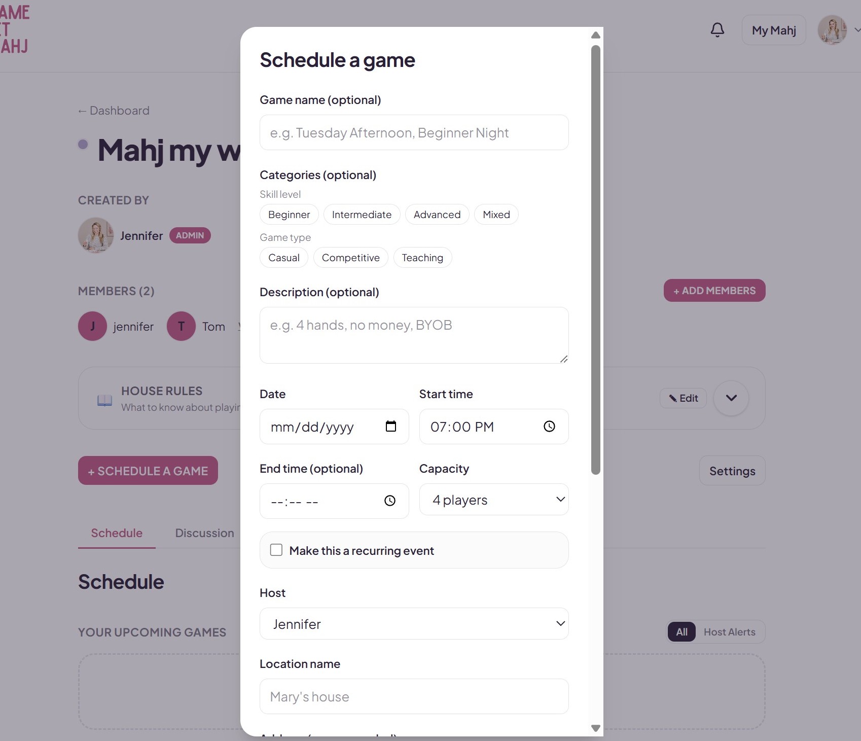 Schedule a Game modal showing categories, skill level, game type, date, time, capacity, and host fields