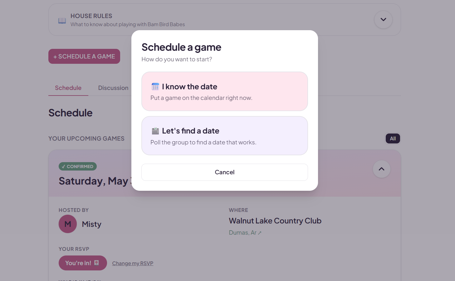 Schedule a game choice modal with 'I know the date' and 'Let's find a date' options