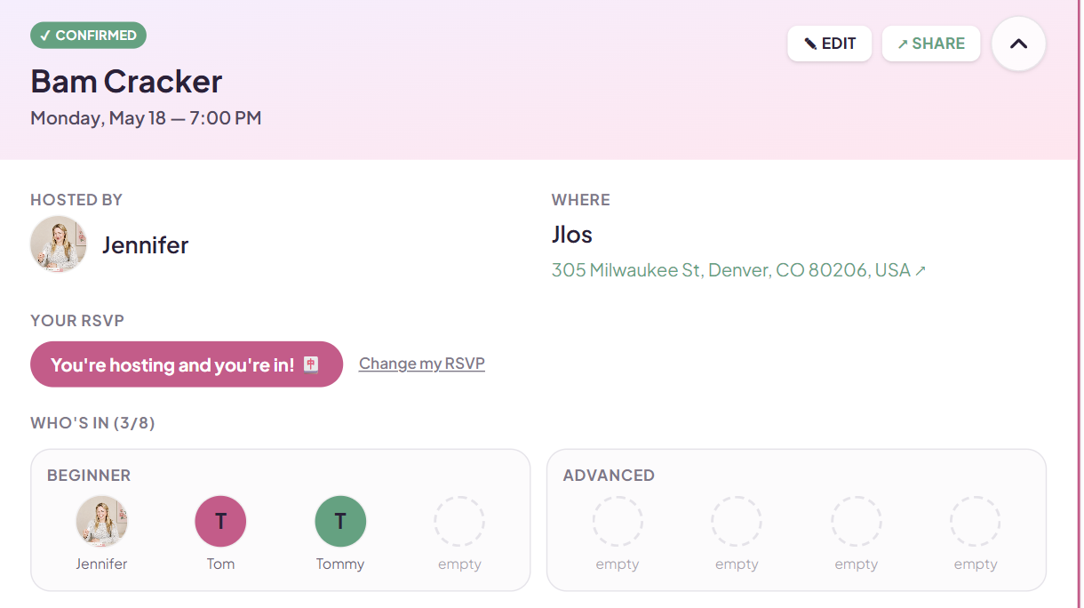 Bam Cracker game page showing Beginner and Advanced tables with player slots