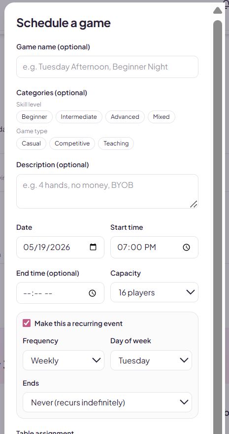 Schedule a Game form showing categories, recurring options, table assignment, and host details